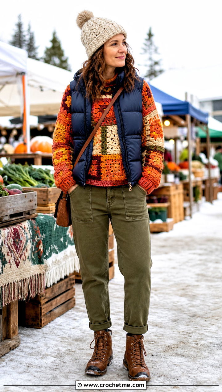Chunky Patchwork Crochet Sweater With a Puffer Vest - 30 crochet block sweater outfit ideas