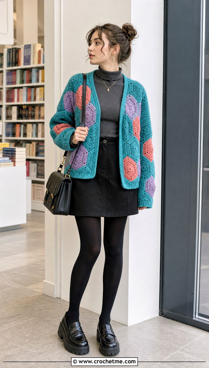 Chunky Patchwork Hexagon Cardigan With Mini Skirt And Tights - 30 chunky crochet hexagon cardigan outfit ideas