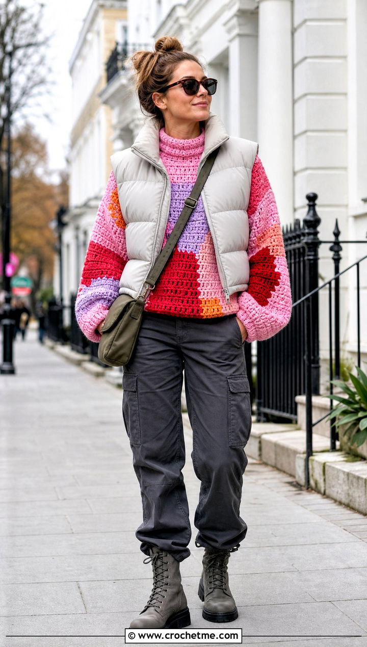 Chunky Patchwork Jumper With Puffer Vest And Utility Pants - 15 crochet patchwork jumper outfit ideas