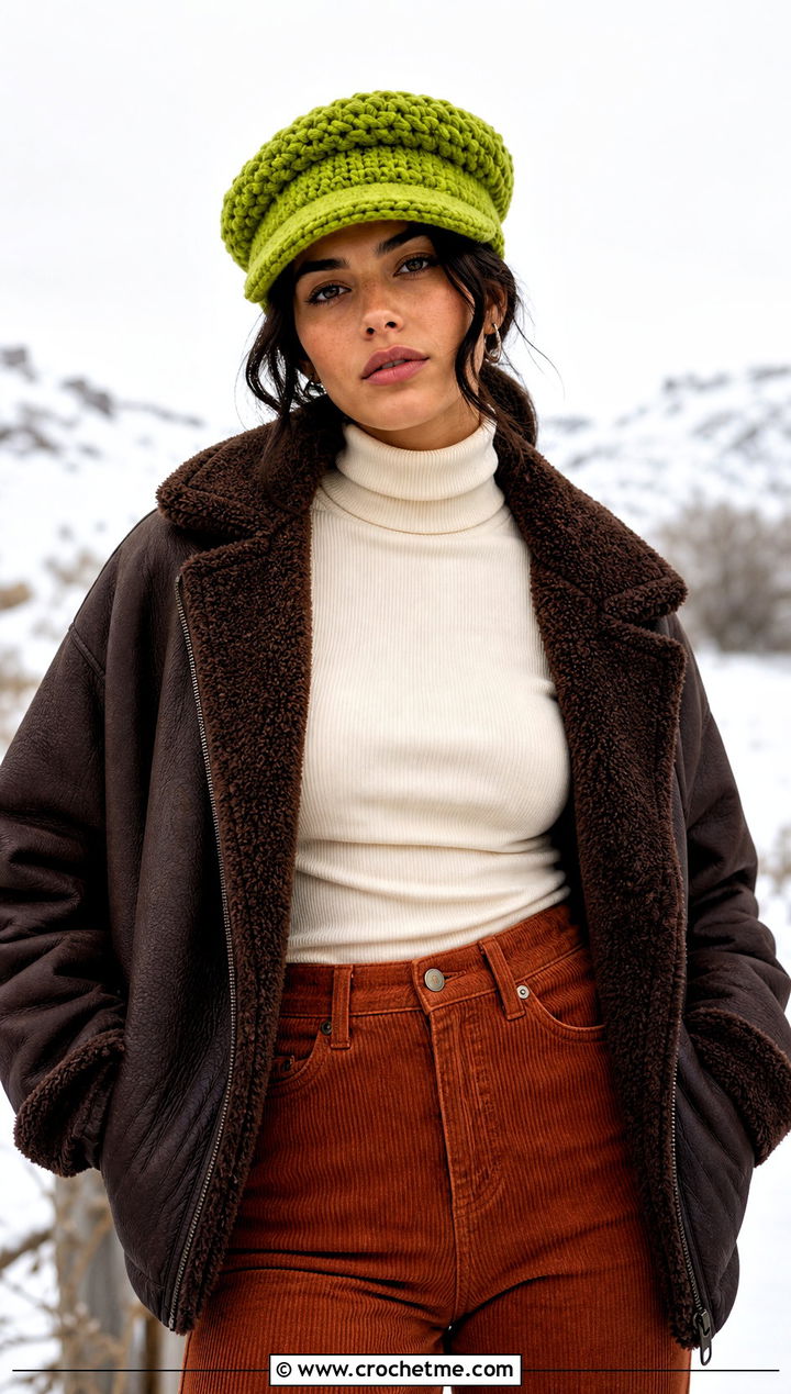 Chunky Patrol Crochet Police Hat With Shearling Jacket And Corduroy Jeans - 30 crochet police hat outfit ideas