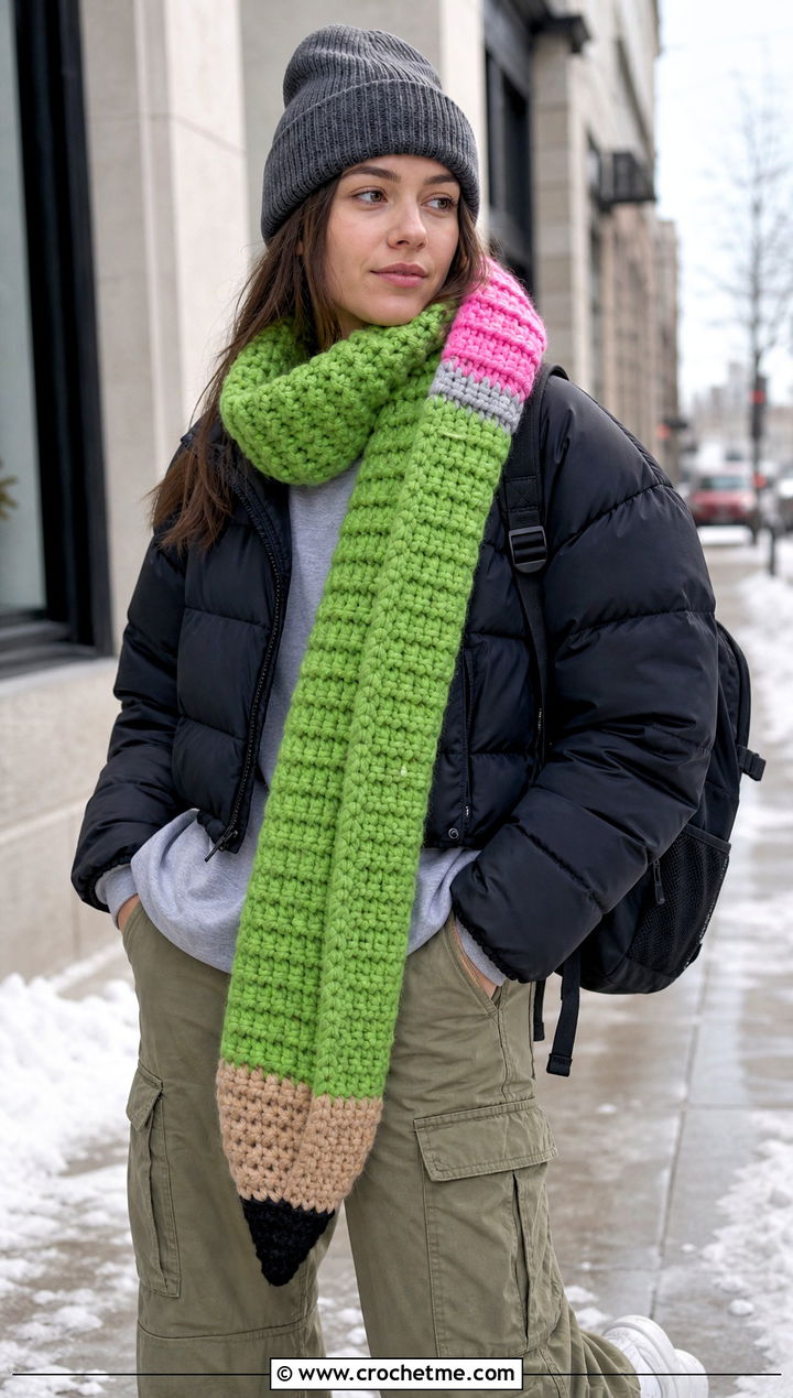 Chunky Pencil Crochet Scarf With Puffer Jacket - 30 Pencil Crochet Scarf outfit ideas