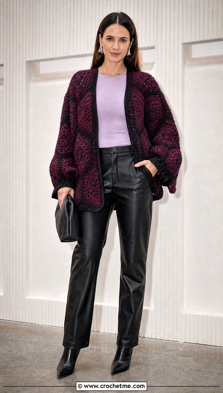 Chunky Pentagon Granny Square Cardigan With Leather Pants - 25 Pentagon Granny Square Cardigan outfit ideas