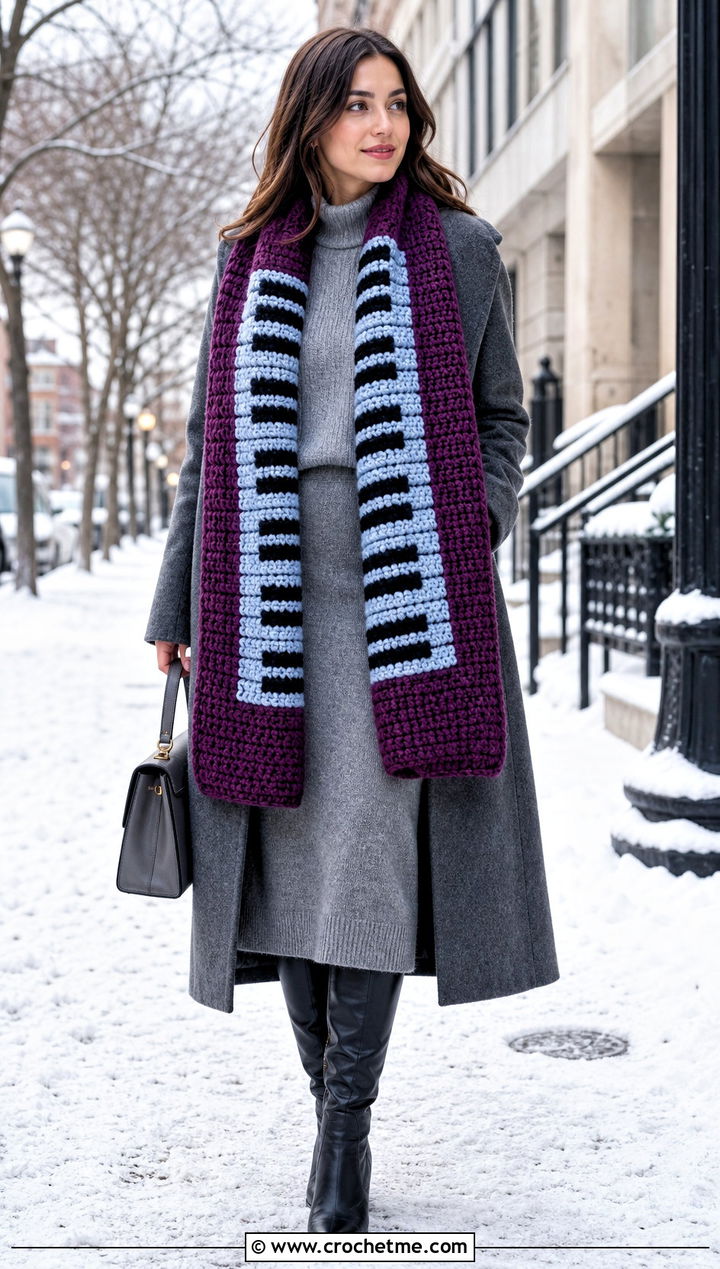 Chunky Piano Scarf With Knit Set - 35 crochet piano scarf outfit ideas