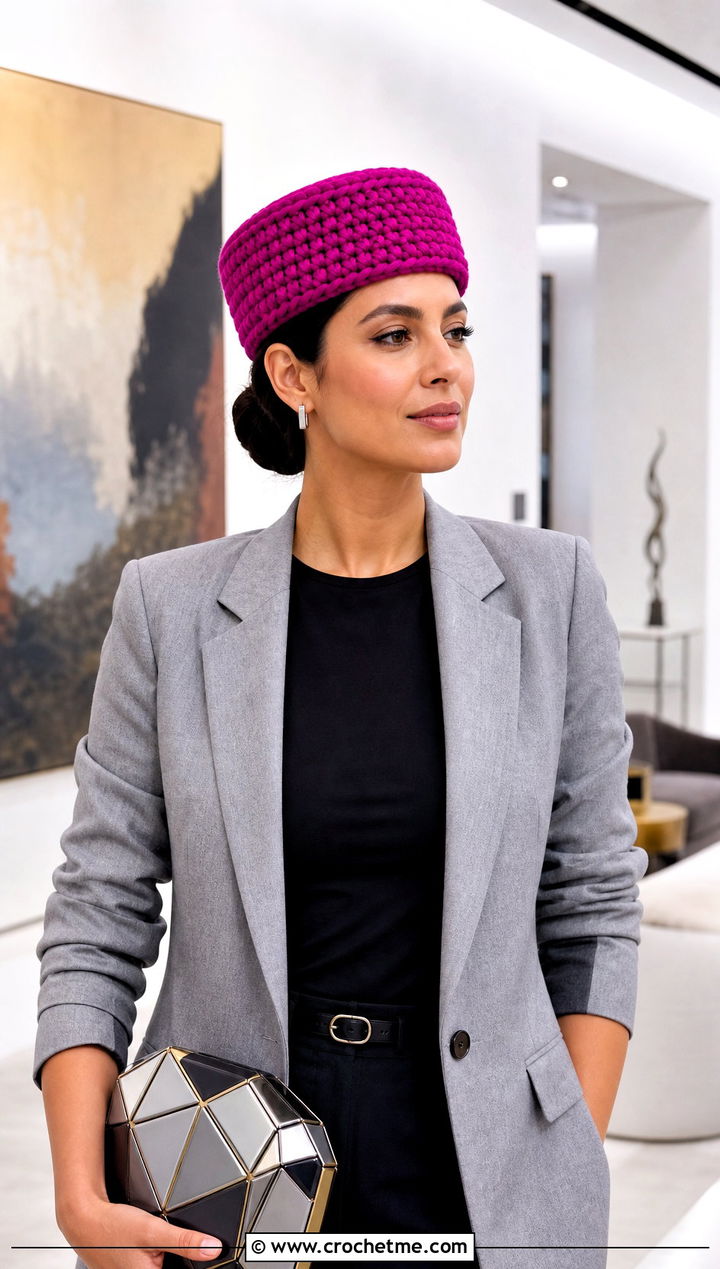 Chunky Pillbox Crochet Hat With Matching Suit - 25 Chunky Yarn Crochet Hats outfit ideas