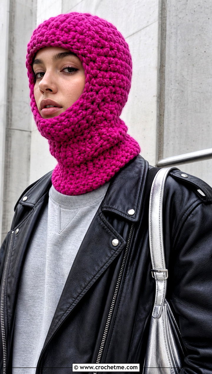 Chunky Pink Crochet Balaclava With Leather Jacket - 25 Pink Crochet Balaclava outfit ideas
