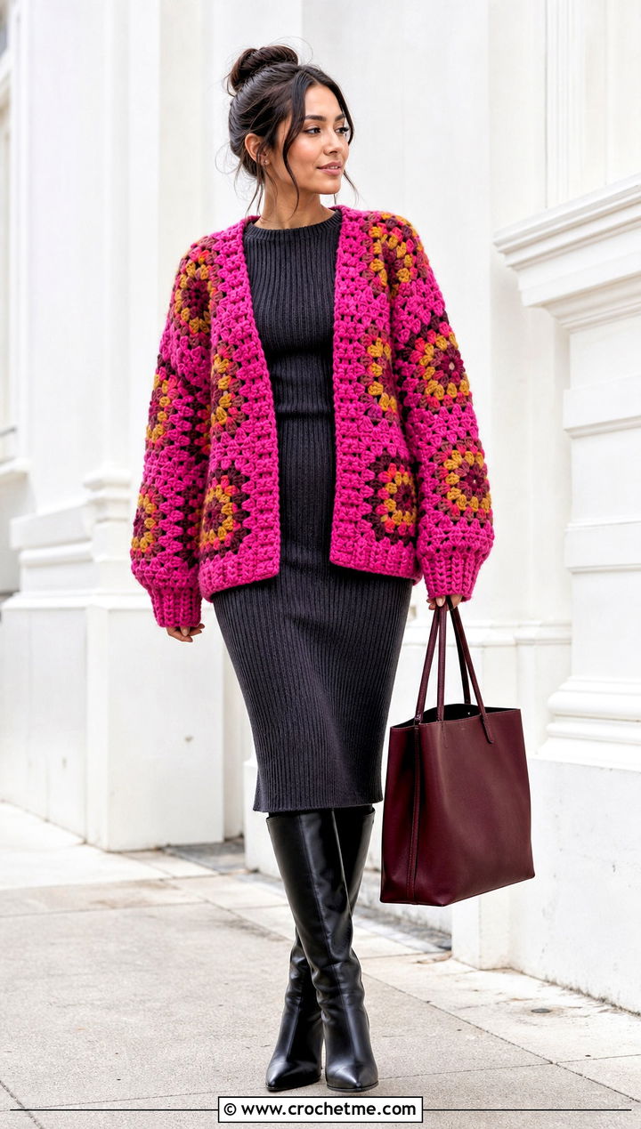 Chunky Pink Granny Square Cardigan With a Knit Dress - 35 pink granny square cardigan outfit ideas