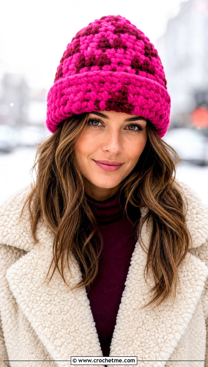 Chunky Plaid Crochet Beanie With Teddy Coat - 15 Plaid Crochet Beanie outfit ideas