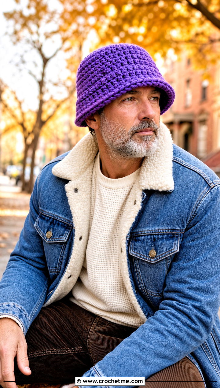 Chunky Plush Crochet Bucket Hat With Denim Jacket And Corduroy Pants - 15 Crochet Mens Bucket Hat outfit ideas