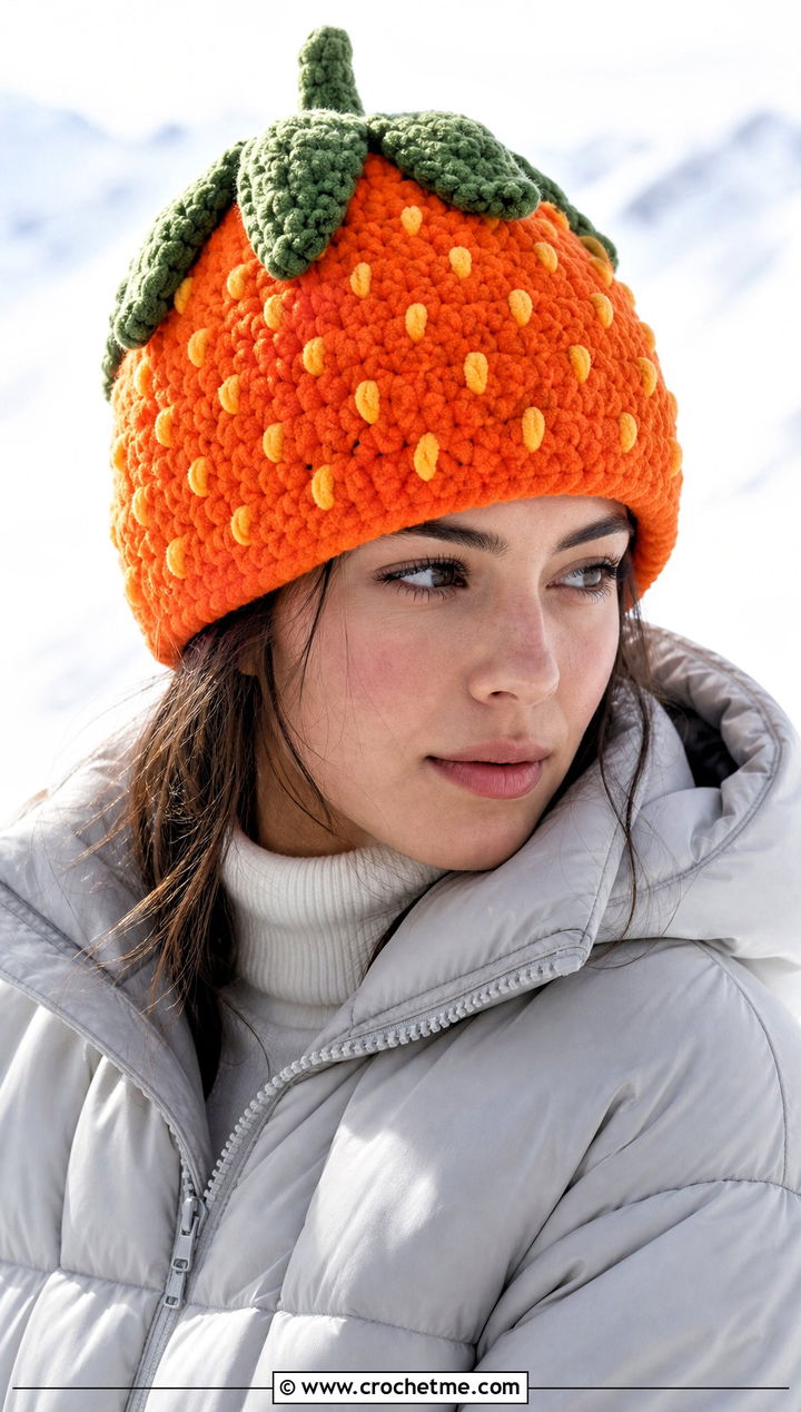 Chunky Plush Strawberry Beanie With Puffer Jacket - 30 Crochet Strawberry Beanie outfit ideas