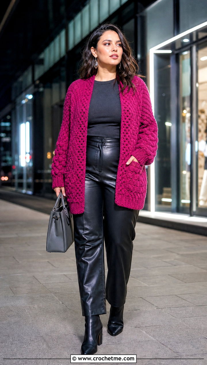 Chunky Pocket Crochet Cardigan With Leather Pants - 25 crochet sweater with pockets outfit ideas