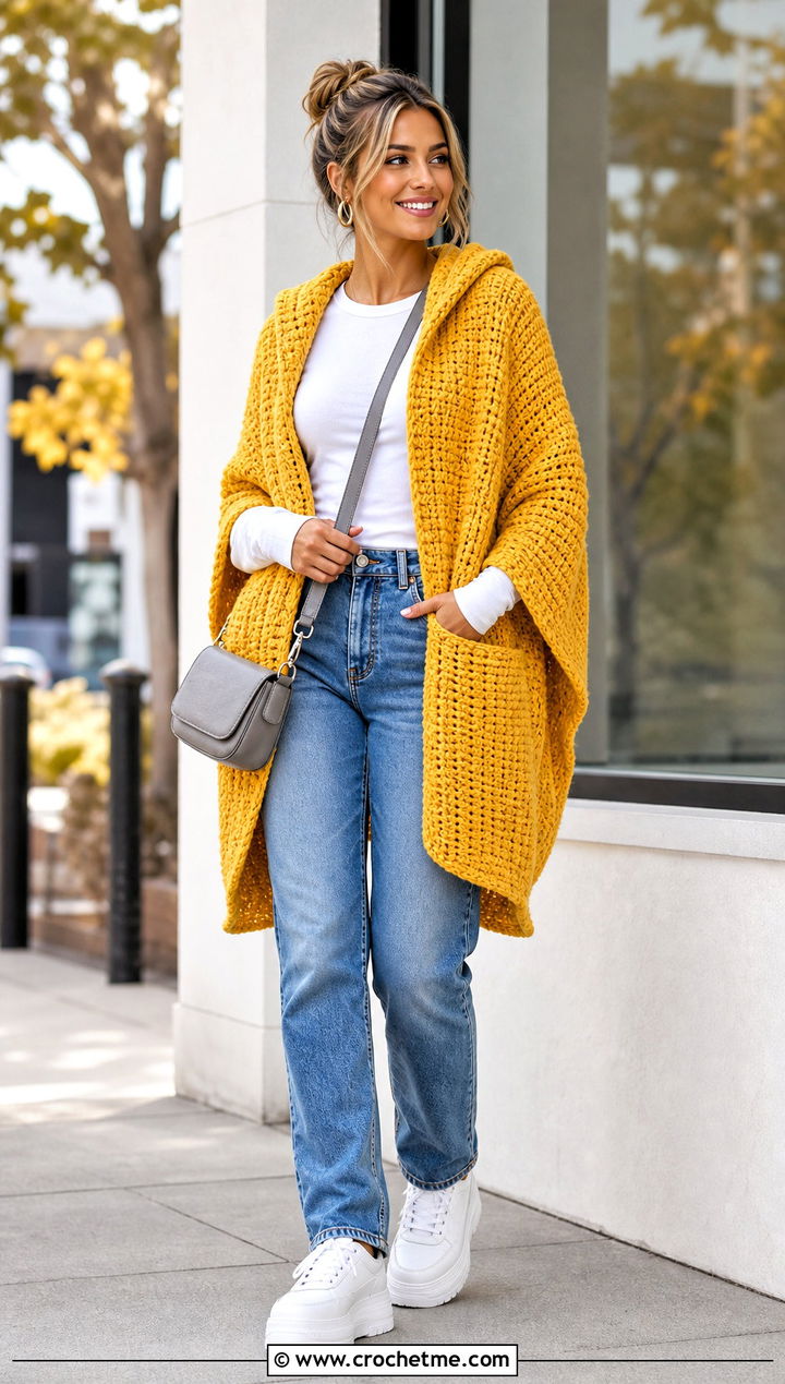 Chunky Pocket Crochet Hooded Shawl With Straight Leg Jeans - 35 crochet hooded shawl outfit ideas