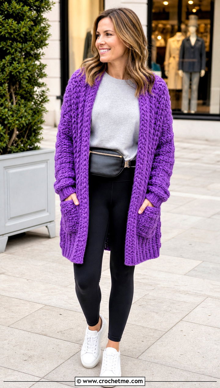 Chunky Pocket Shawl With Black Leggings - 25 Crochet Chunky Shawl outfit ideas