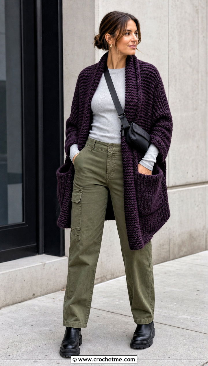 Chunky Pocket Shawl With Cargo Pants - 15 Tunisian Crochet Pocket Shawl outfit ideas