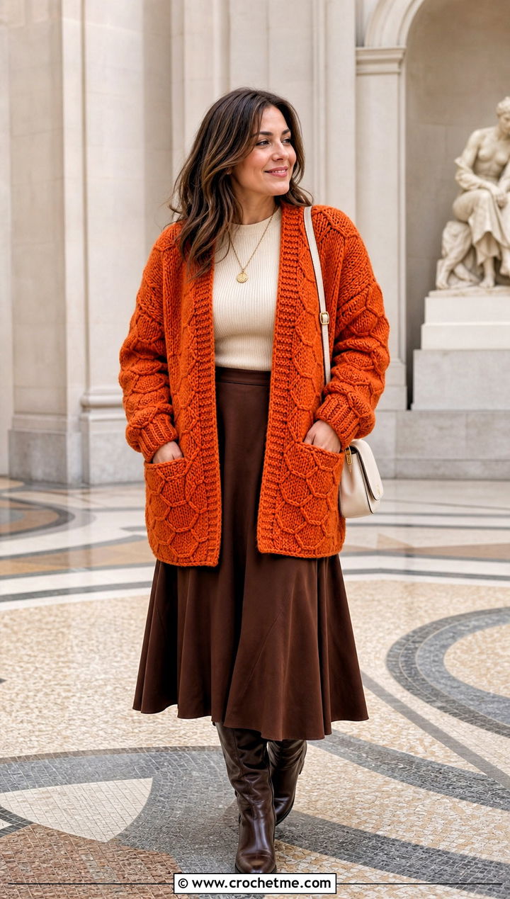 Chunky Pocketed Hexagon Cardigan With Midi Skirt - 30 chunky crochet hexagon cardigan outfit ideas