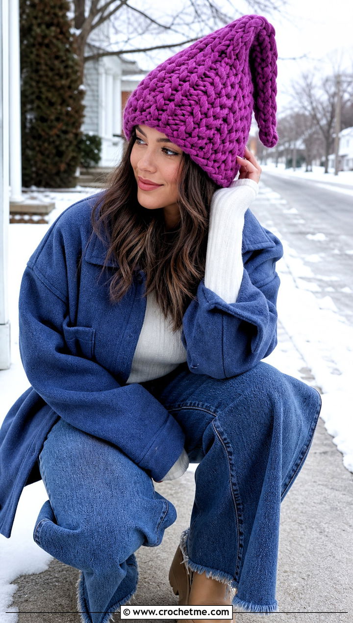 Chunky Pointed Crochet Hat With Shacket and Wide Leg Jeans - 20 Pointed Crochet Hat outfit ideas