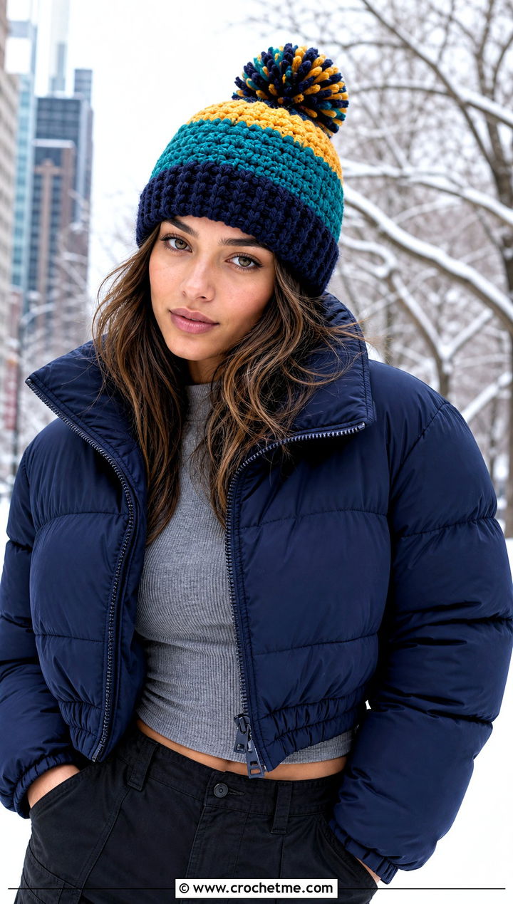 Chunky Pom Pom Color Block Crochet Beanie With Puffer Jacket - 20 Color Block Crochet Beanie outfit ideas