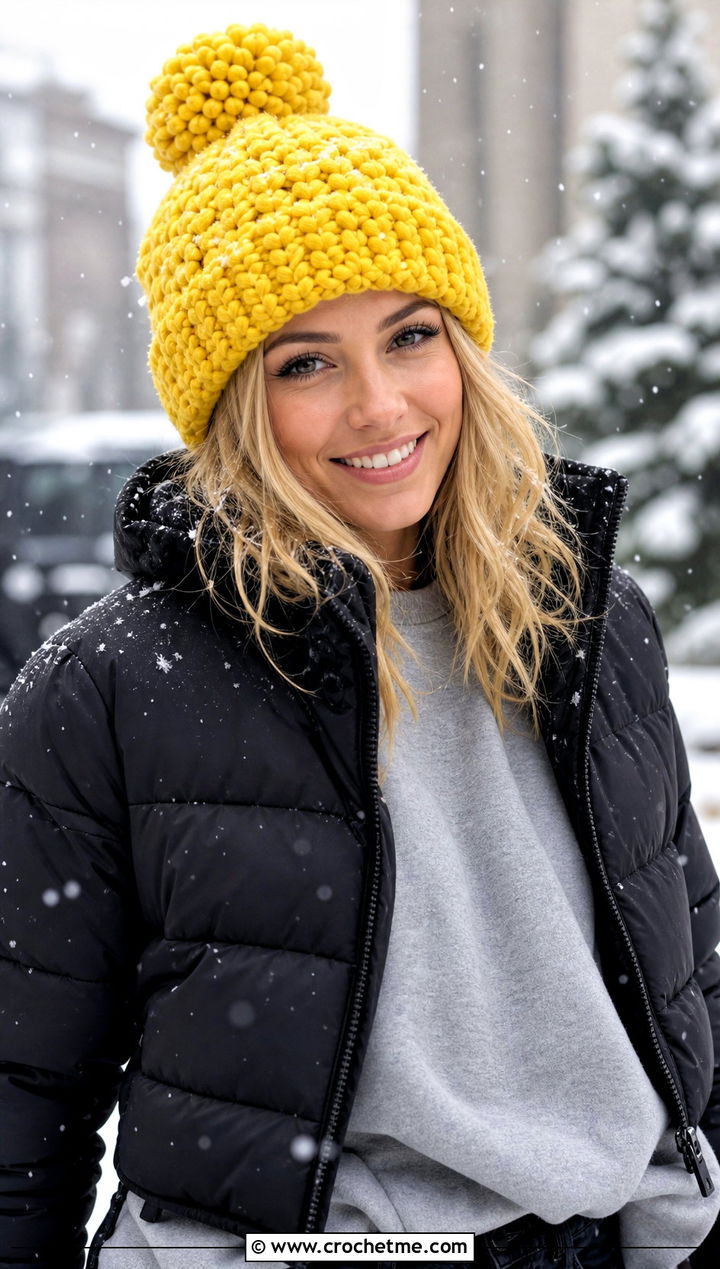 Chunky Pom Pom Crochet Beanie With Puffer Jacket And Leggings - 15 Easy Crochet Beanies For Beginners outfit ideas