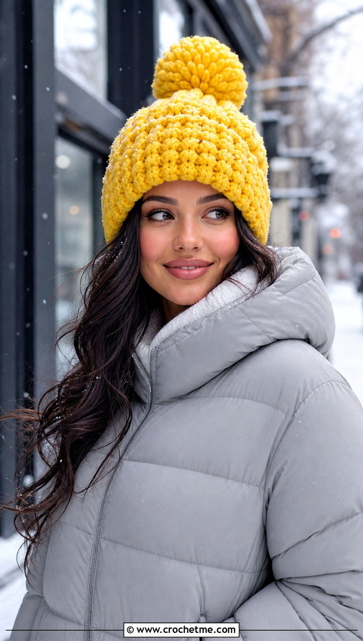 Chunky Pom Pom Crochet Beanie With Puffer Jacket - 30 chunky yarn crochet hat outfit ideas