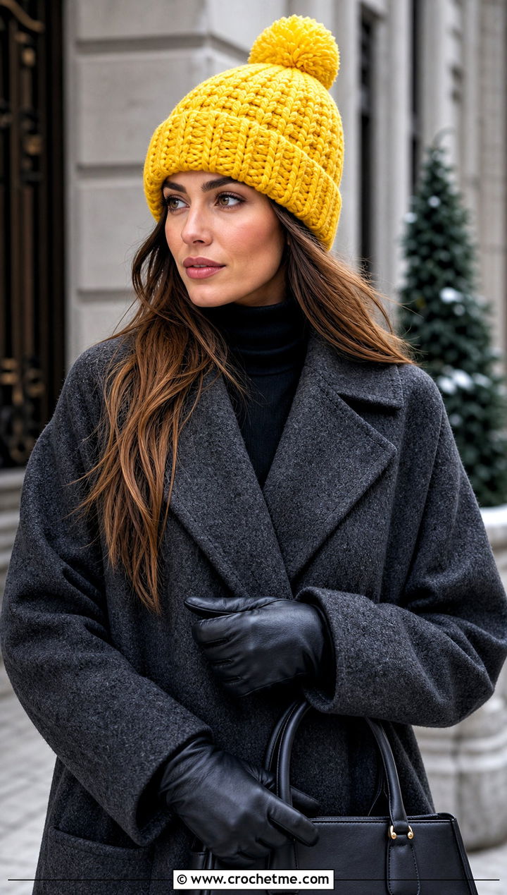 Chunky Pom Pom Crochet Beanie With Wool Coat - 15 diy crochet winter hat outfit ideas