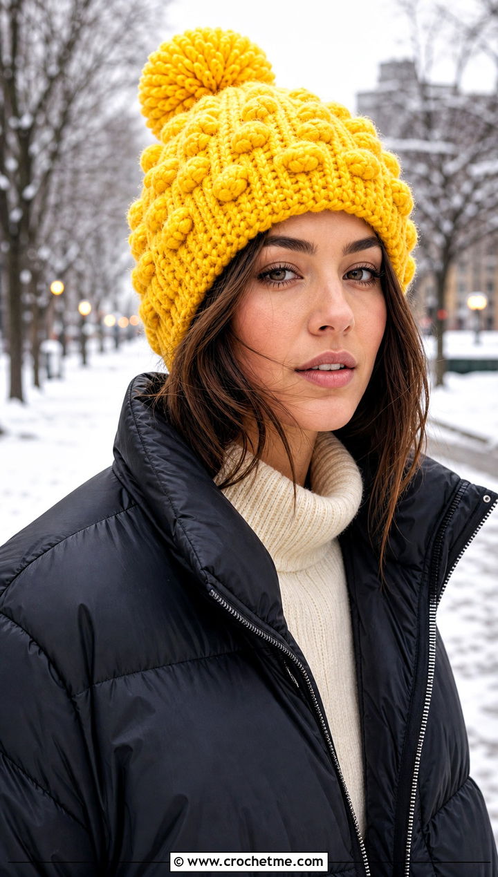 Chunky Pom Pom Crochet Bobble Hat With Puffer Jacket - 30 crochet bobble hat outfit ideas