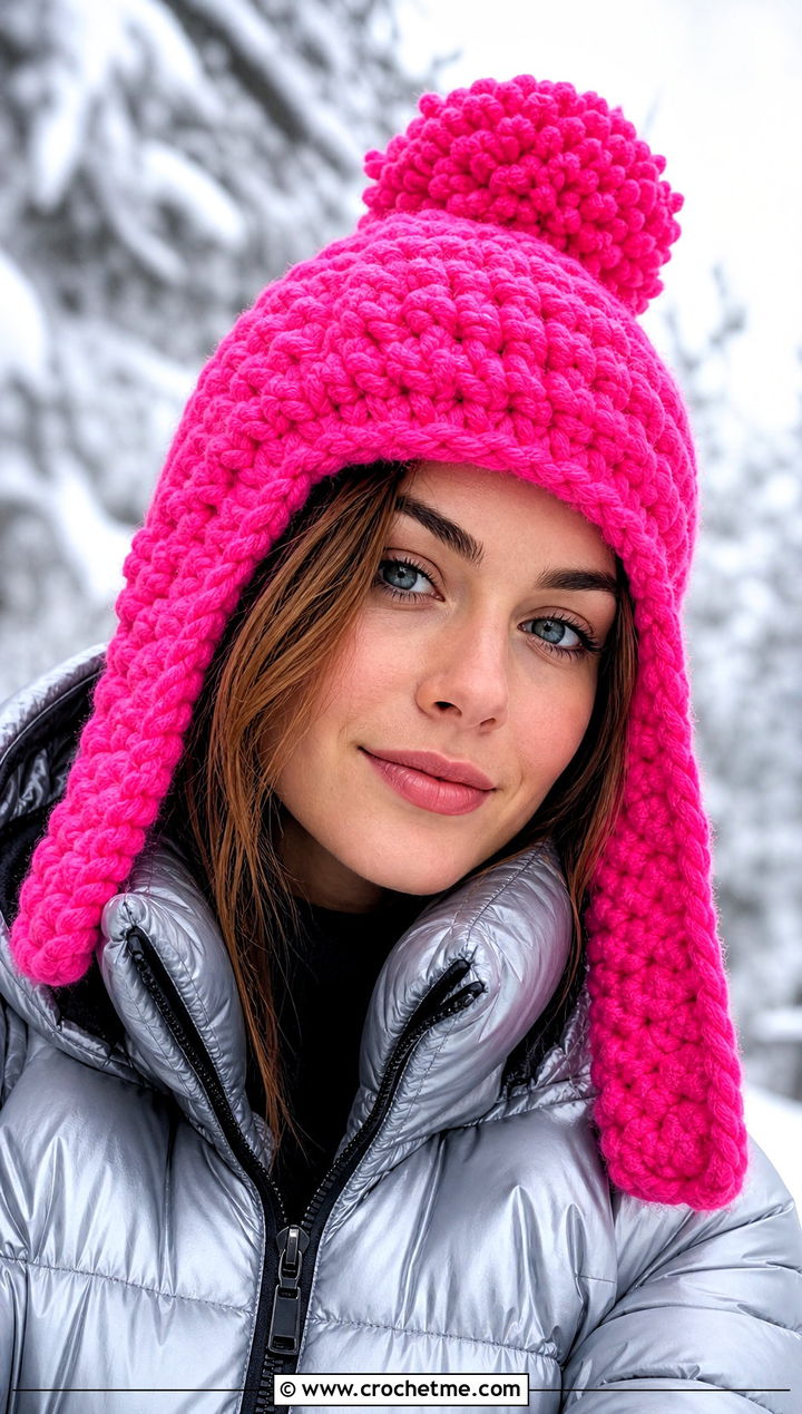 Chunky Pom Pom Crochet Flap Hat With Puffer Jacket - 30 crochet flap hat outfit ideas