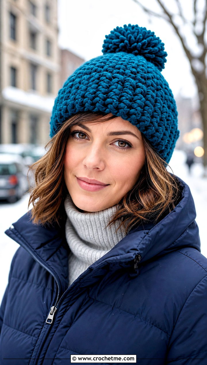 Chunky Pom Pom Crochet Hat With Puffer Coat - 25 Easy Chunky Crochet Hat outfit ideas