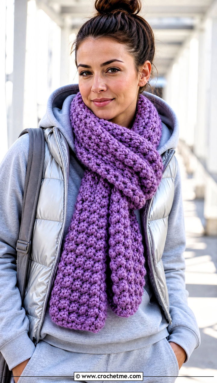 Chunky Popcorn Crochet Scarf With Sweatsuit - 25 Popcorn Crochet Scarf outfit ideas