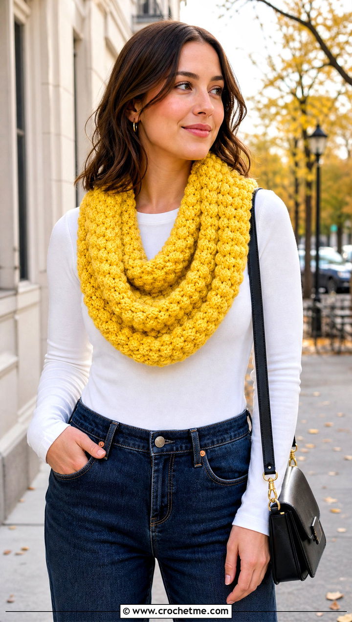 Chunky Popcorn Stitch Crossbody Crochet Cowl With Straight Leg Jeans - 15 Crossbody Crochet Cowl outfit ideas