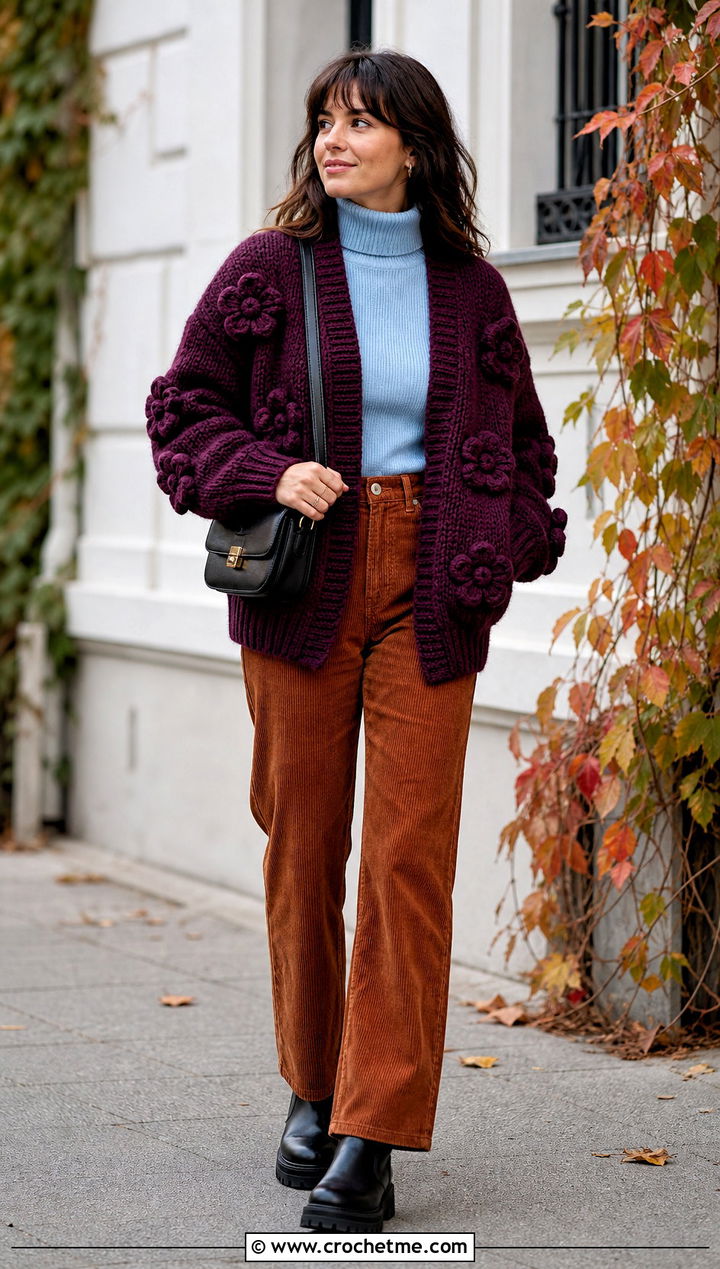 Chunky Puff Flower Cardigan With Corduroy Pants - 30 crochet flower cardigan outfit ideas