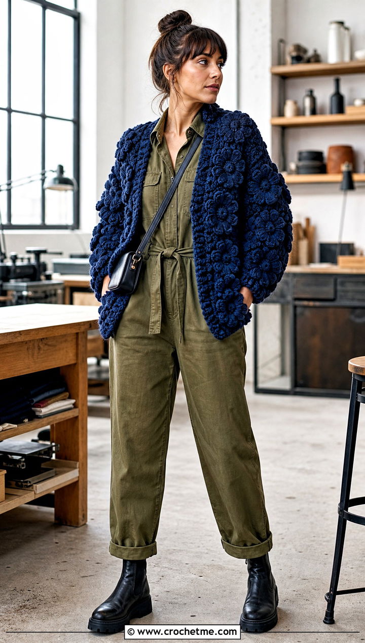 Chunky Puff Flower Crochet Cardigan With Utility Jumpsuit - 25 puff flower crochet cardigan outfit ideas