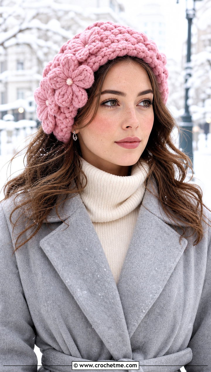 Chunky Puff Flower Headband With Winter Coat - 25 crochet puff flower headband outfit ideas