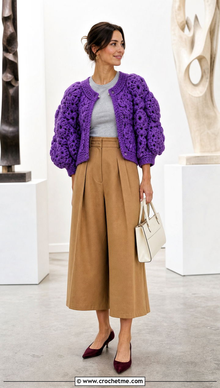 Chunky Puff Sleeve Hexagon Cardigan With Culottes - 30 chunky crochet hexagon cardigan outfit ideas