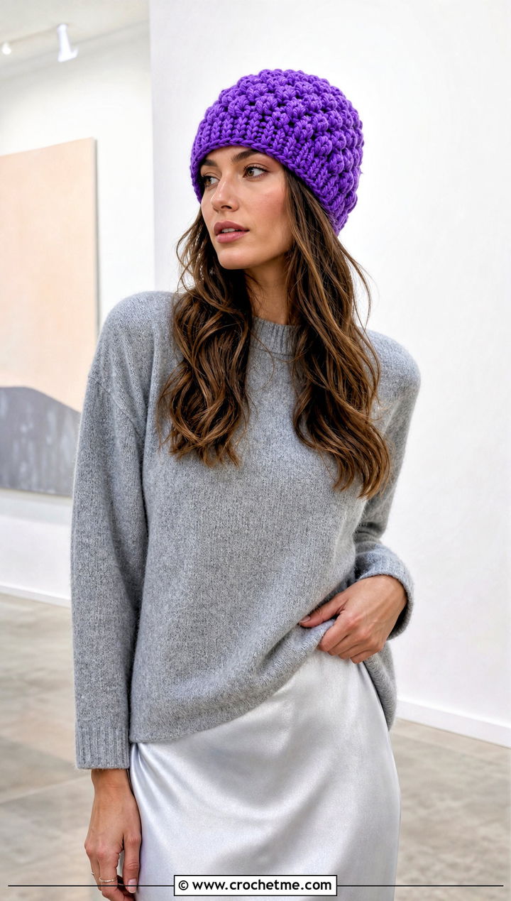 Chunky Puff Stitch Beanie With Sweater And Satin Midi Skirt - 25 crochet puff stitch beanie outfit ideas