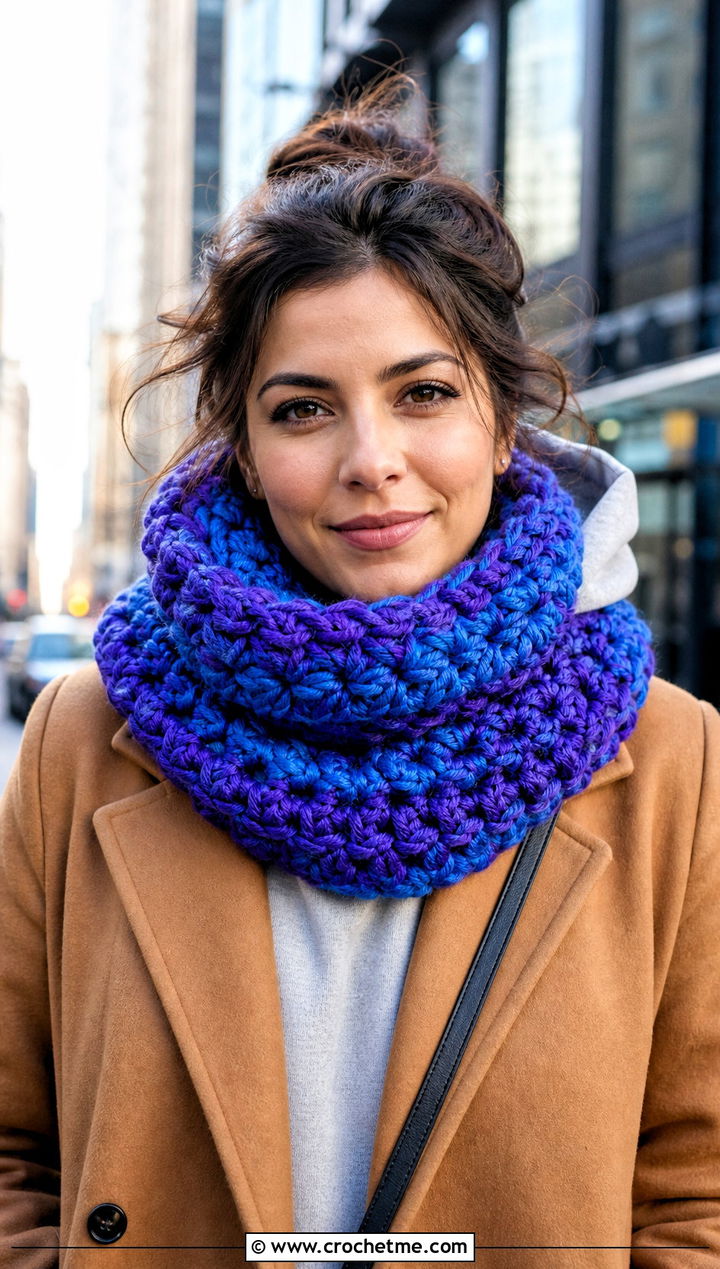 Chunky Puff Stitch Cowl Scarf With Hoodie And Coat - 15 Playful Puffs Crochet Scarf outfit ideas