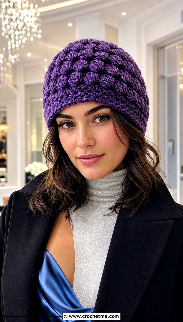 Chunky Puff Stitch Crochet Beanie With Slip Dress - 30 chunky yarn crochet hat outfit ideas