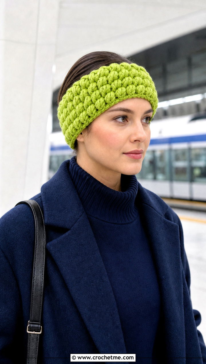 Chunky Puff Stitch Crochet Ear Warmer With Monochrome Outfit - 30 chunky yarn crochet ear warmer outfit ideas