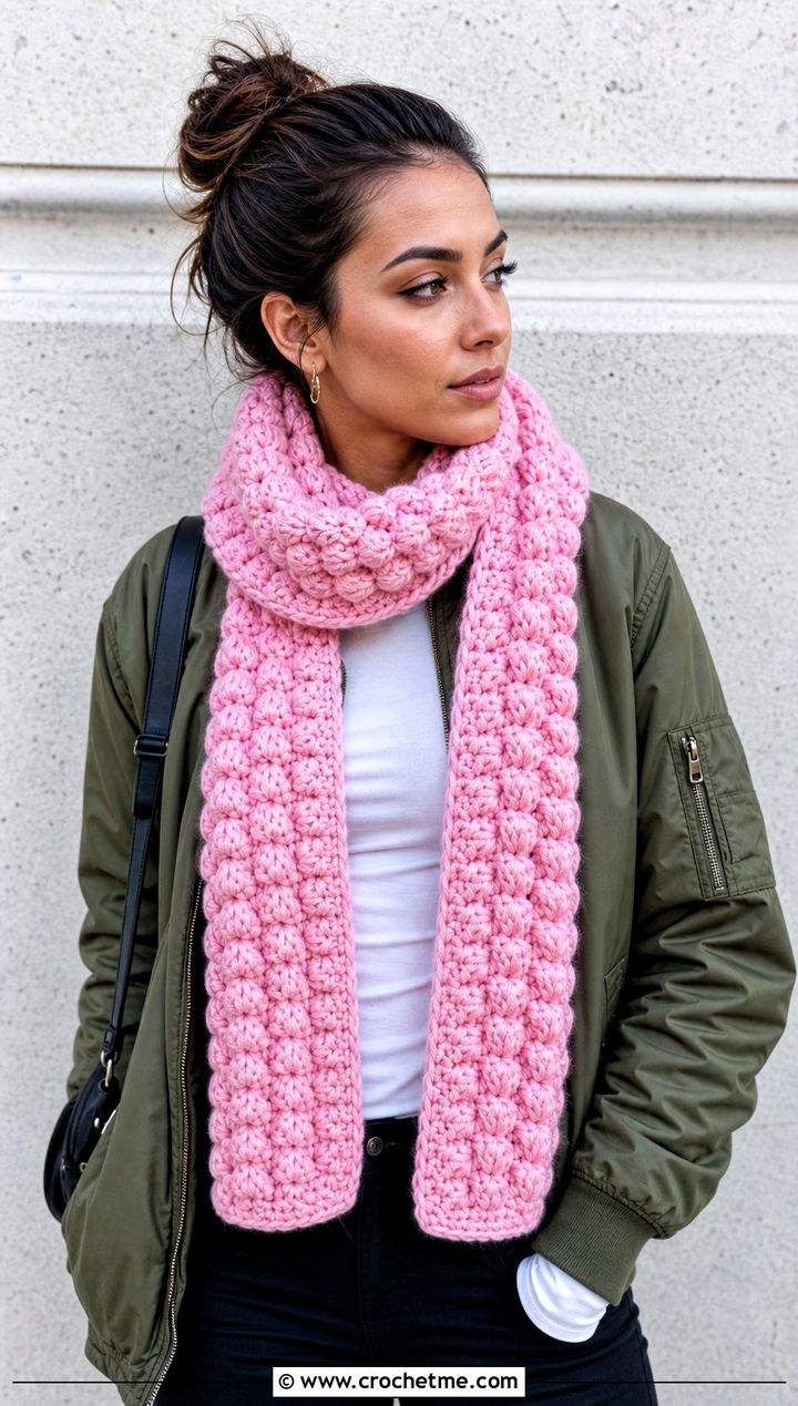Chunky Puff Stitch Crochet Scarf With Bomber Jacket - 25 Chunky Yarn Crochet Scarf outfit ideas