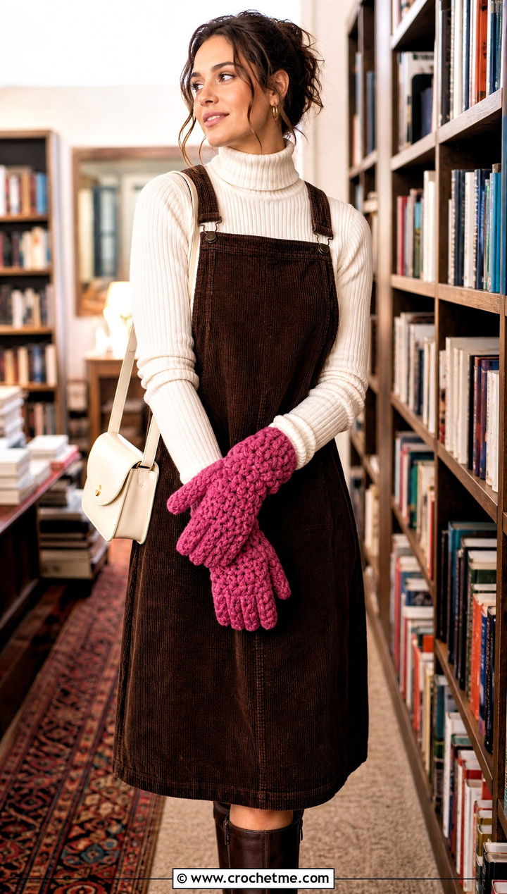 Chunky Puff Stitch Gloves With Corduroy Dress - 25 Chunky Crochet Gloves outfit ideas