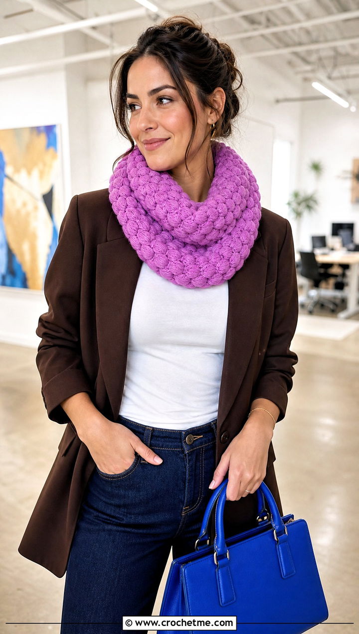 Chunky Puff Stitch Infinity Scarf With Blazer And Jeans - 20 Chunky Crochet Infinity Scarf outfit ideas