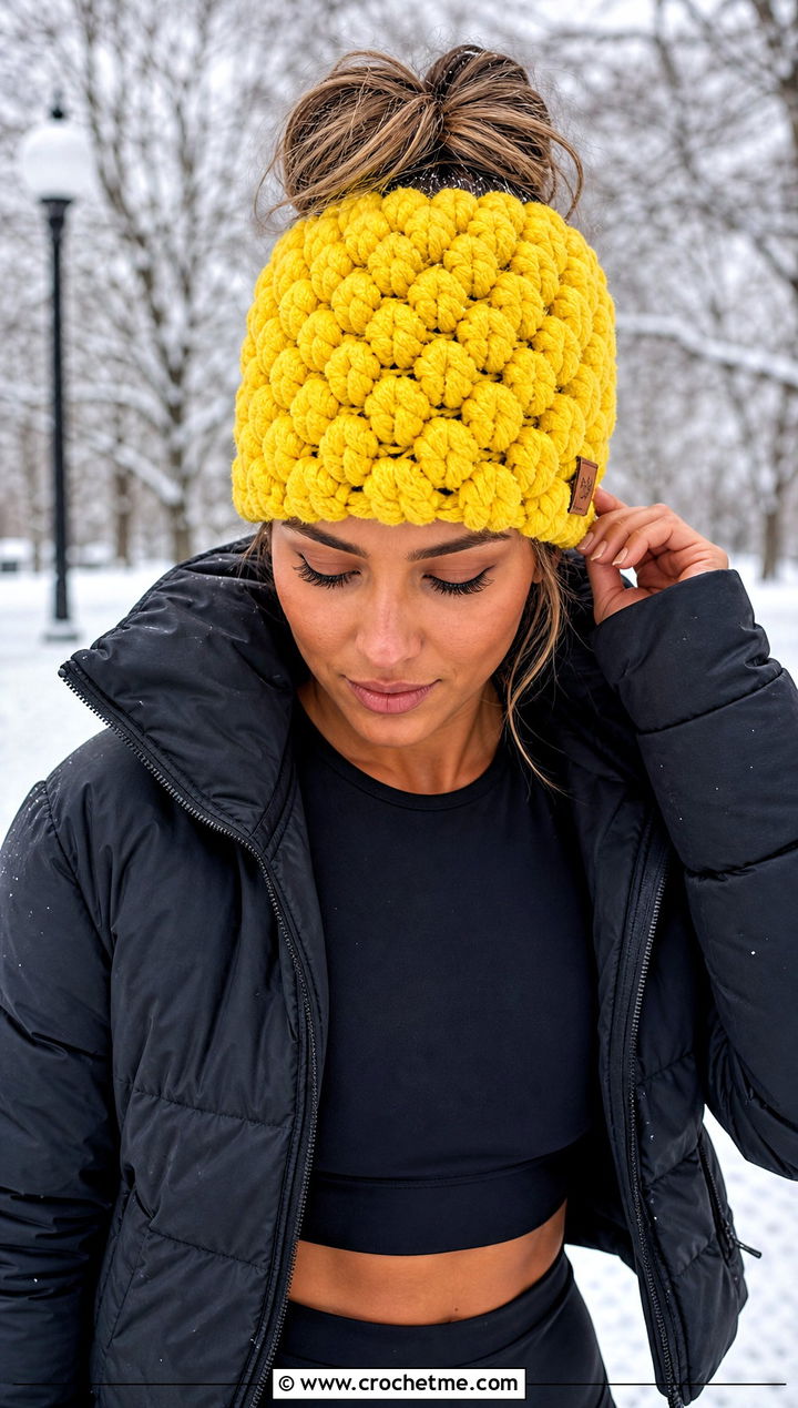 Chunky Puff Stitch Ponytail Beanie With Puffer Jacket And Leggings - 30 crochet beanie with ponytail hole outfit ideas