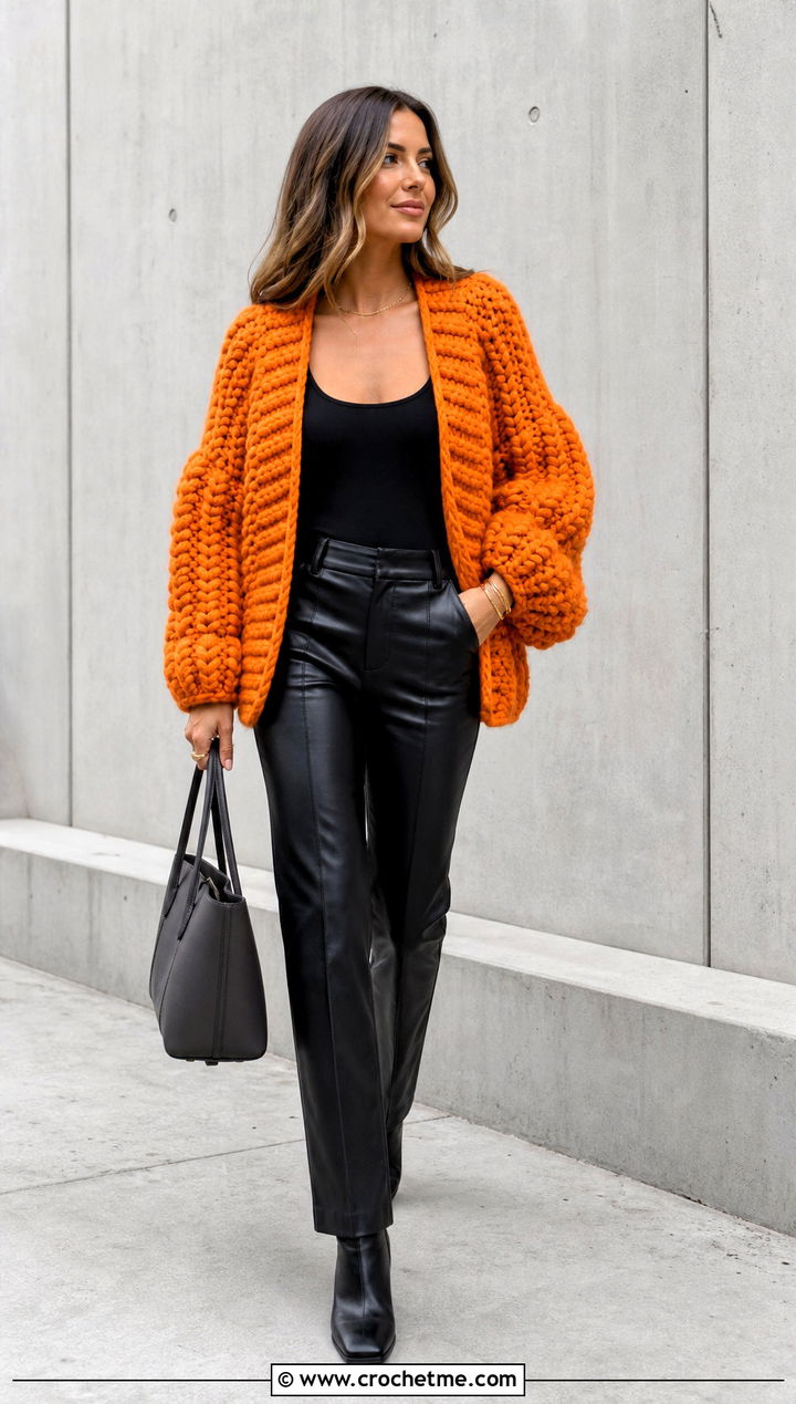 Chunky Puffy Crochet Cardigan With Leather Pants - 30 puffy crochet cardigan outfit ideas