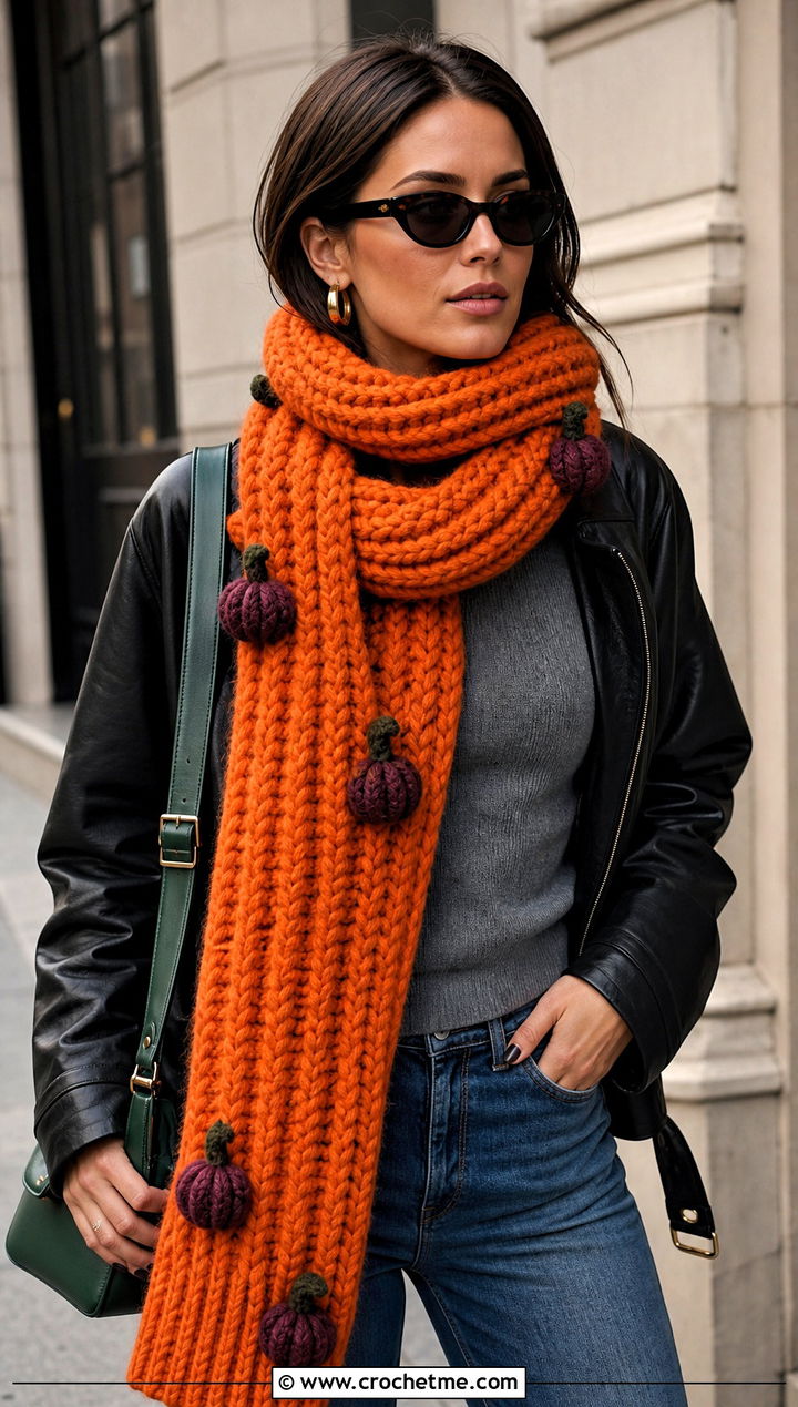 Chunky Pumpkin Scarf With Leather Jacket - 15 crochet pumpkin scarf outfit ideas