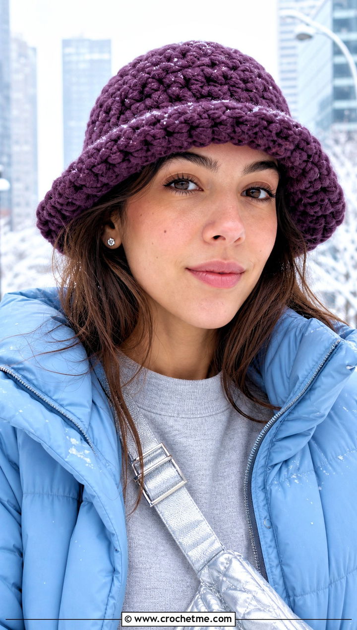 Chunky Purple Crochet Bucket Hat With Puffer Jacket And Leggings - 30 purple crochet bucket hat outfit ideas