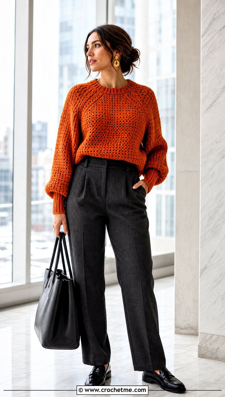 Chunky Raglan Crochet Sweater Top With Wool Trousers - 35 raglan crochet top outfit ideas