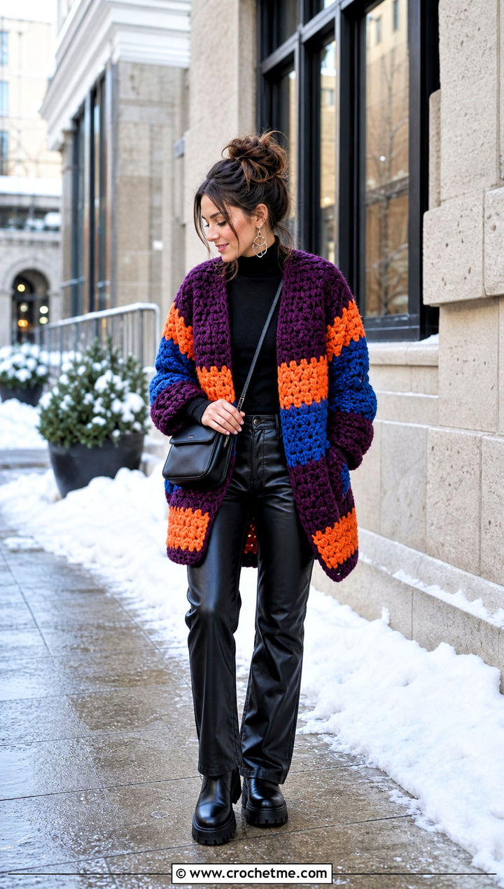 Chunky Rainbow Crochet Cardigan With Leather Pants - 25 Rainbow Crochet Cardigan outfit ideas