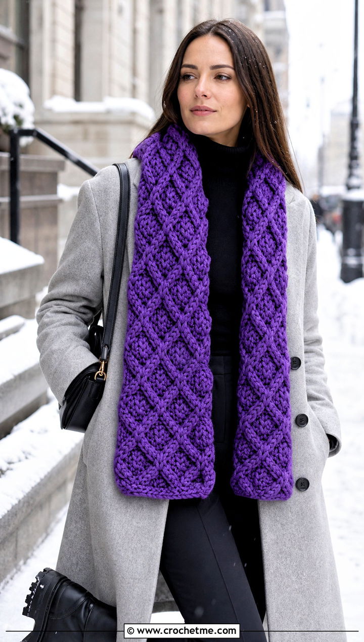 Chunky Raised Diamond Scarf With Wool Coat - 15 diamond crochet scarf outfit ideas