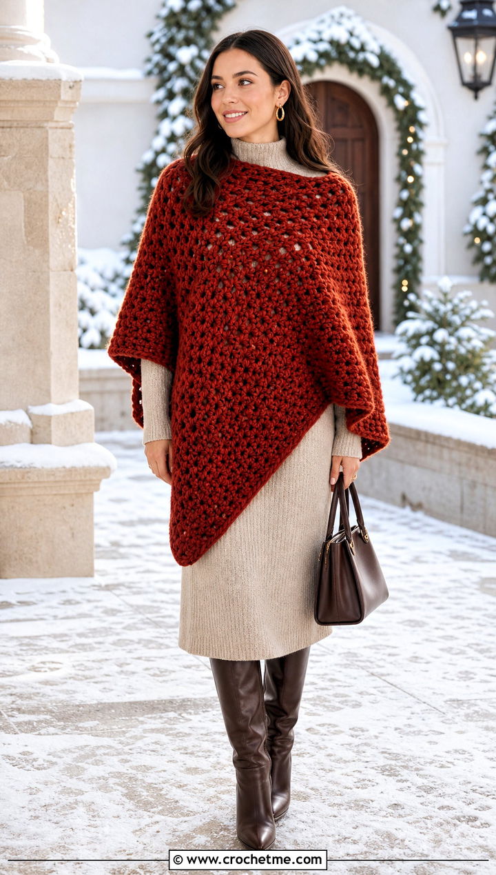 Chunky Rectangle Crochet Poncho With Knit Midi Dress - 15 Easy Crochet Poncho From A Rectangle outfit ideas