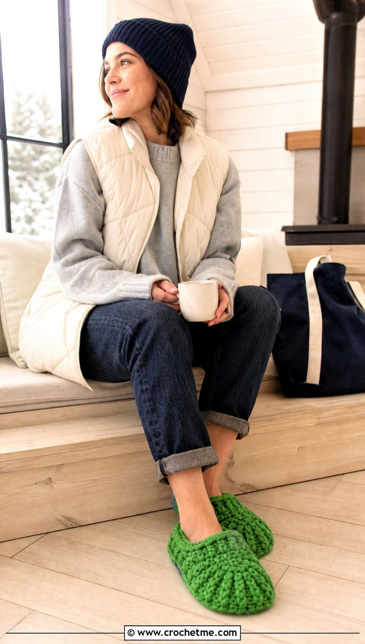 Chunky Rectangle Crochet Slippers With A Sweater And Jeans - 15 easy flat crochet slippers outfit ideas