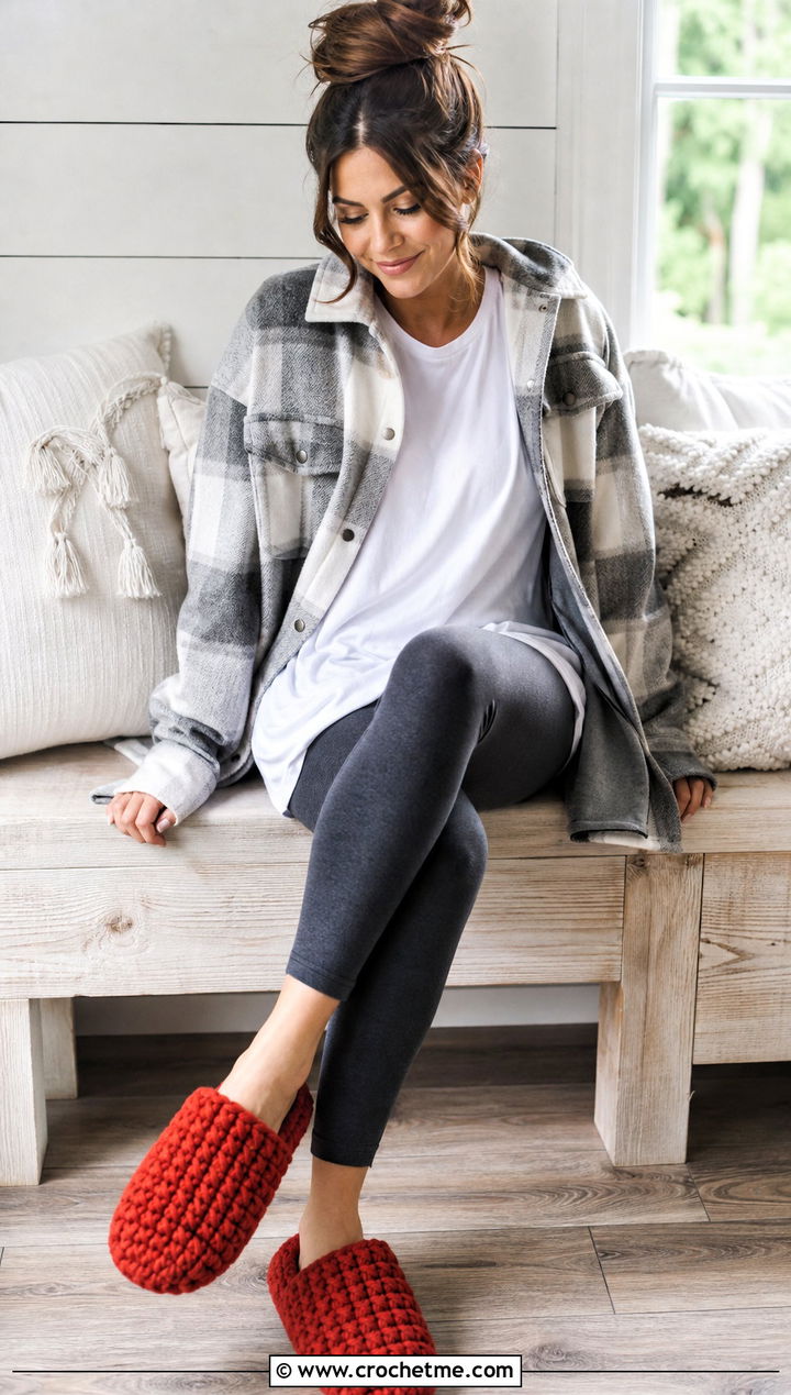 Chunky Rectangle Crochet Slippers With Leggings And Shacket - 15 rectangle crochet slipper outfit ideas