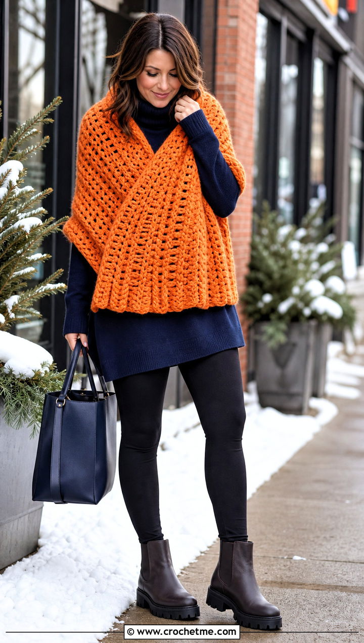 Chunky Rectangle Crochet Wrap With Leggings - 20 Rectangle Crochet Wrap outfit ideas